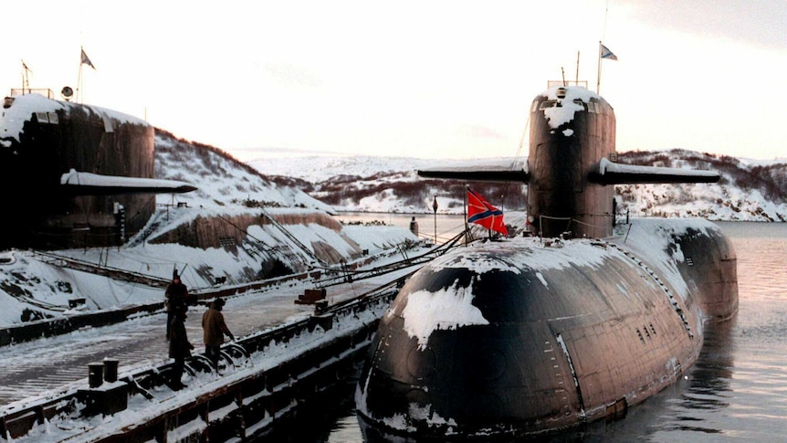 A decommissioned Russian nuclear submarine is shown in their Arctic base of Severomorsk.