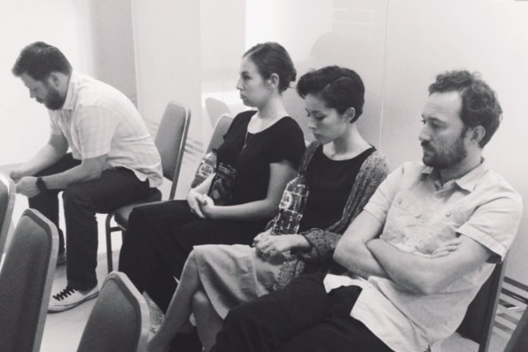 Kina Grannis and her touring party at the immigration office in Jakarta.