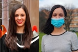 Two images of the same woman, one in a graduation gown and one in a mask outside a hospital