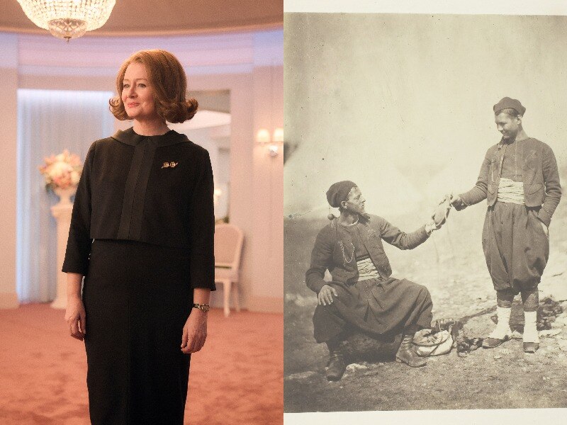 This composite image features Miranda Otto in Ladies in Black on the right, and Zouave solders on the right. 