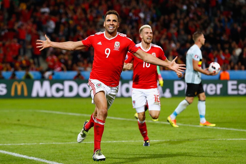 Crucial score ... Hal Robson-Kanu after posting the second goal for Wales