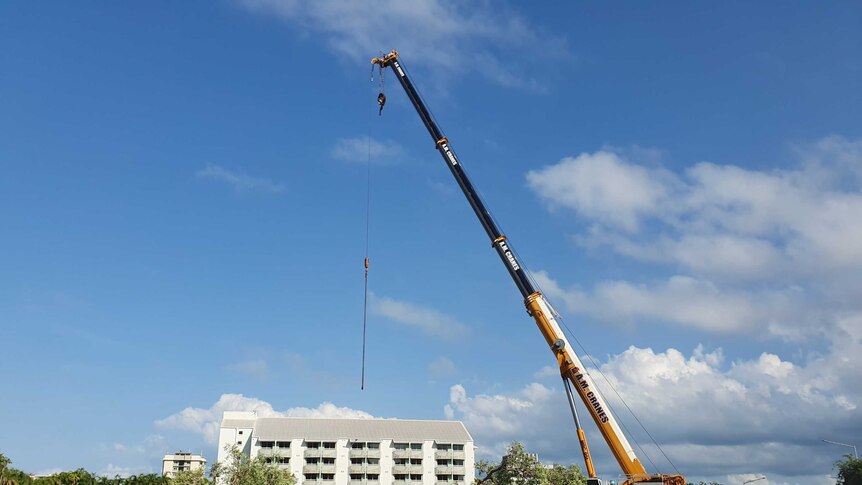 A crane hangs over a tree in the middle of a carpark. The tree is cut into many pieces and lays on the ground.