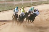 A horse rider grabs a fellow rider mid race