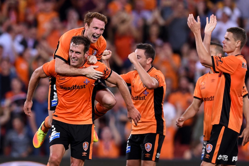 Brisbane Roar celebrates Luke DeVere goal