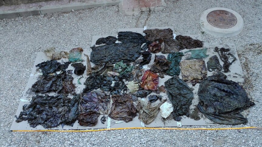 An assortment of plastic rubbish, including bags and wrappers, laid out on the ground.