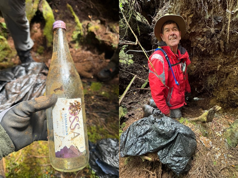 An image of a dirty water bottle and an image of a man holding a garbage bag.