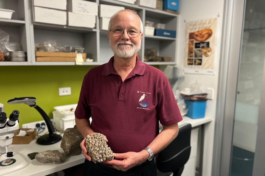 A man with a white beard smiles at the camera while holding a fossilized rock.