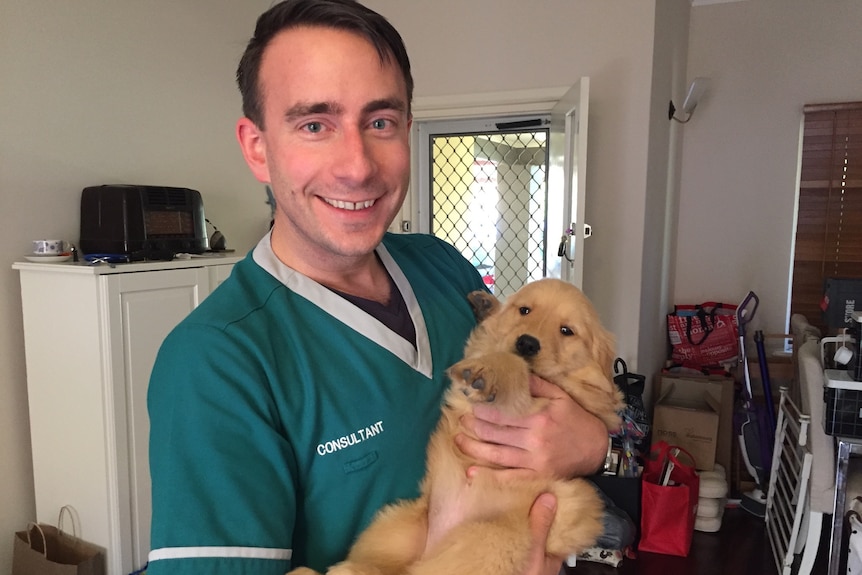 Man in scrubs holding a dog.