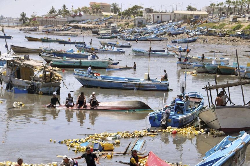 Boats damaged in the harbour after a tsunami hit Ecuador