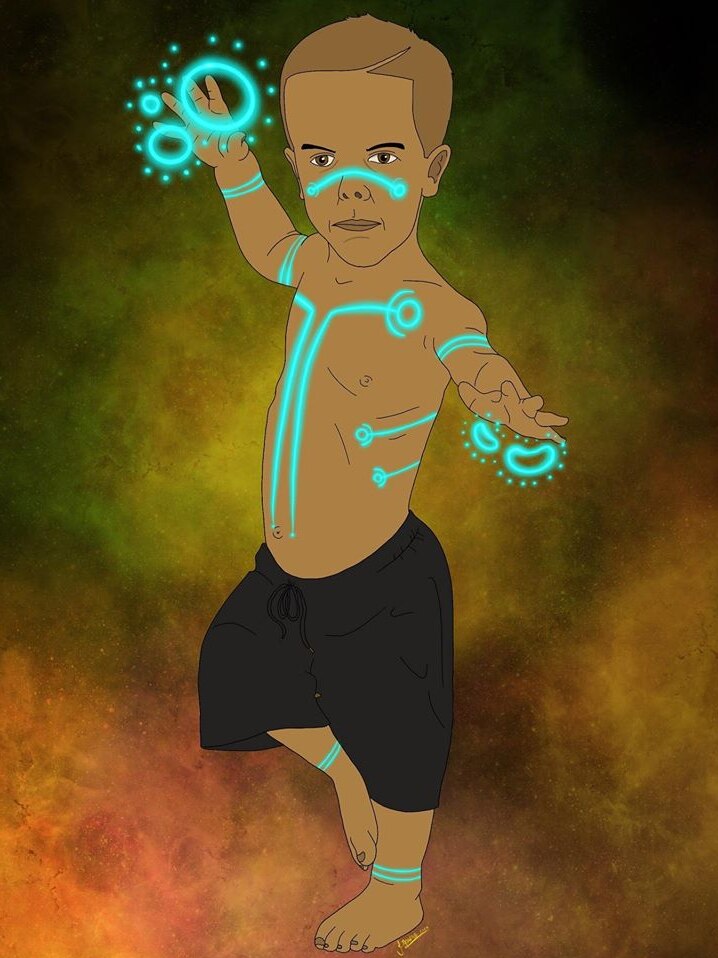 An illustration of Quaden Bayles with Indigenous body paint on.