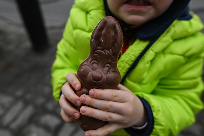 Child holding chocolate Easter bunny