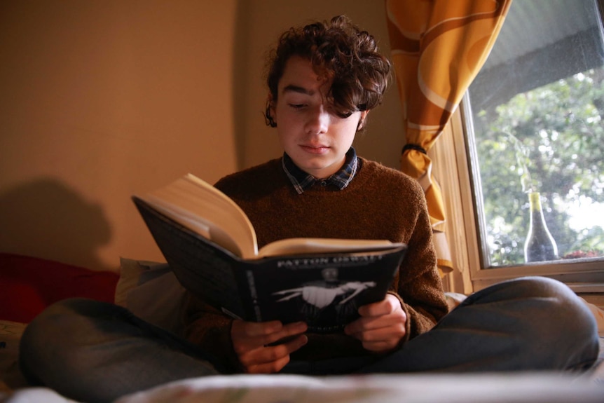 A studious-looking boy sits cross-legged and reads a book by a window.