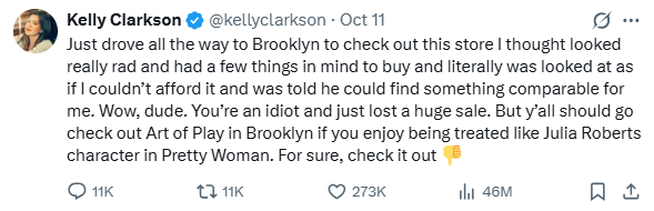 A screenshot of Clarkson's X post that says she experienced a Pretty Woman moment