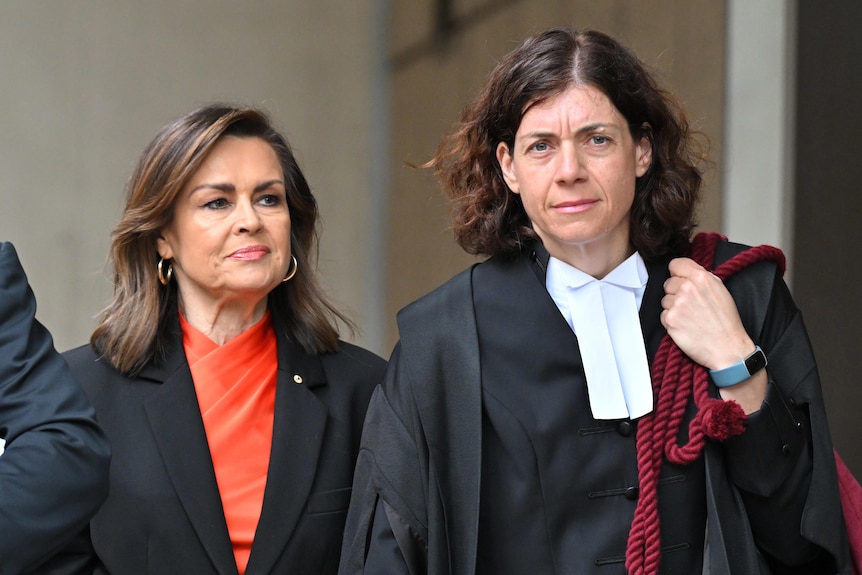 Lisa walks along in a blouse and blazer next to Sue, who is wearing court robes.