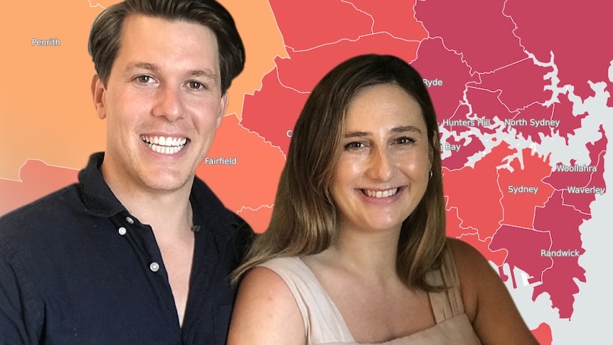 A composite image of Alistair and Penelope Clifton holding baby Barnaby, with a map showing housing affordability across Sydney.