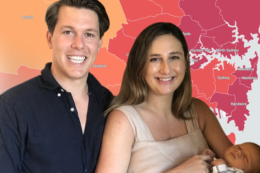 A composite image of Alistair and Penelope Clifton holding baby Barnaby, with a map showing housing affordability across Sydney.