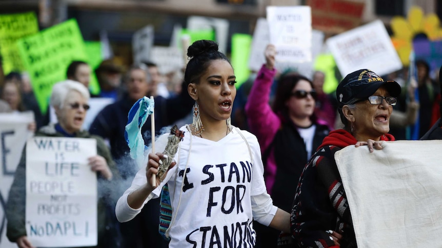 Protesters demonstrate in solidarity with members of the Standing Rock Sioux tribe in North Dakota.