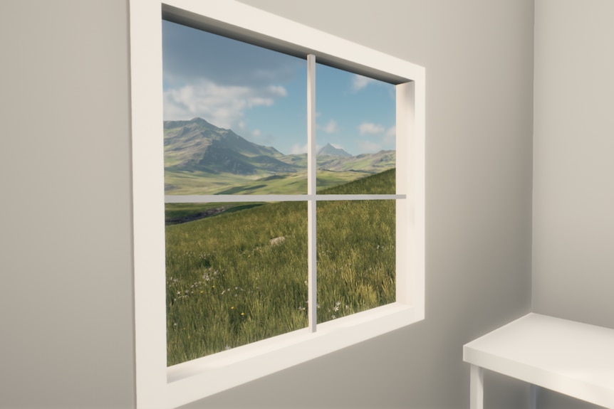 A rolling meadow under blue skies can be seen through a white-trimmed window in a bare, grey room.