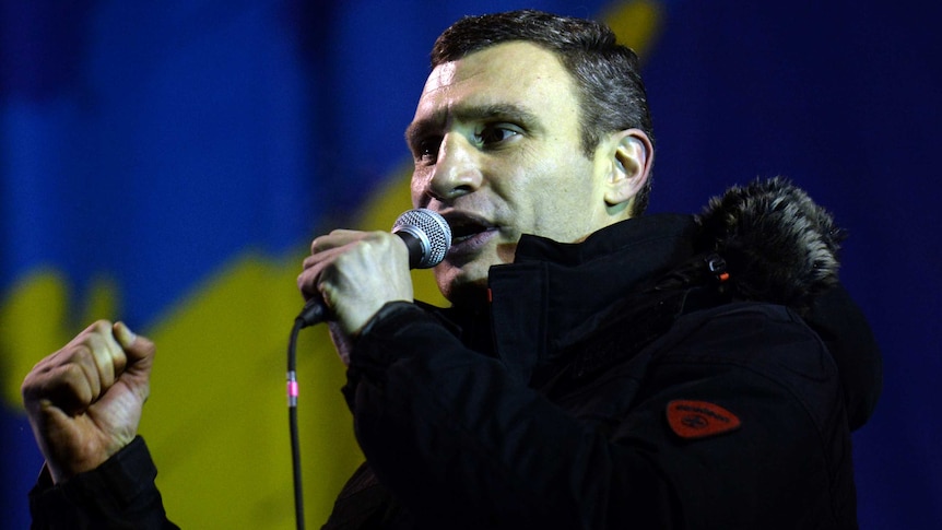 Ukraine's Vitali Klitschko delivers a speech in Kiev's Independence Square on December 7, 2013.