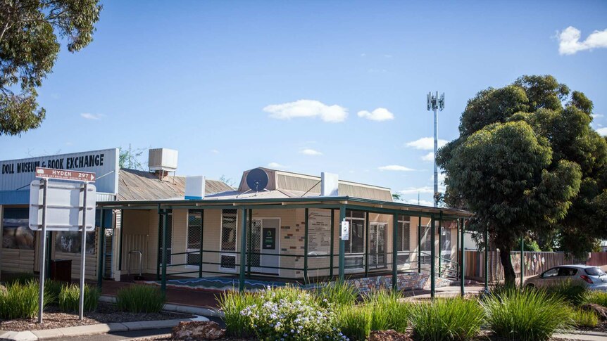 The view from the main street of the community resource centre in Norseman, WA.