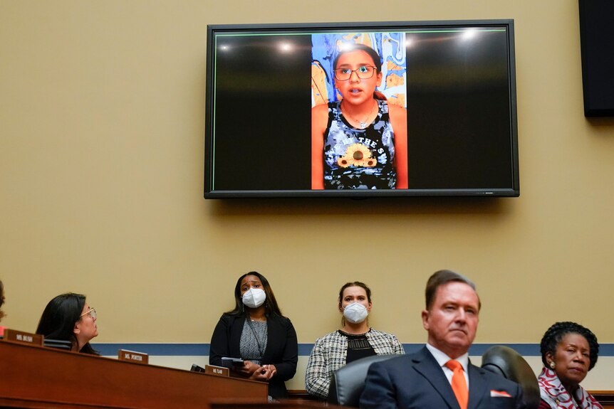 Miah Cerrillo on a TV screen speaking to Congress. 