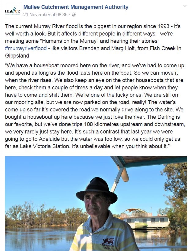 Screen shot of a Mallee Catchment Management Authority Facebook post, interviewing a Gippsland man about floods.