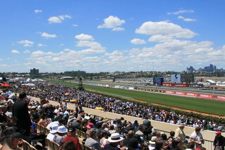 Crowds of people watch the track at Flemington.