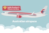 A picture of a China Eastern aeroplane with the words "Australian airspace" outside the plane and "Chinese territory" inside.