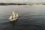 Wooden ship, Julie Burgess, sails out of the Mersey river