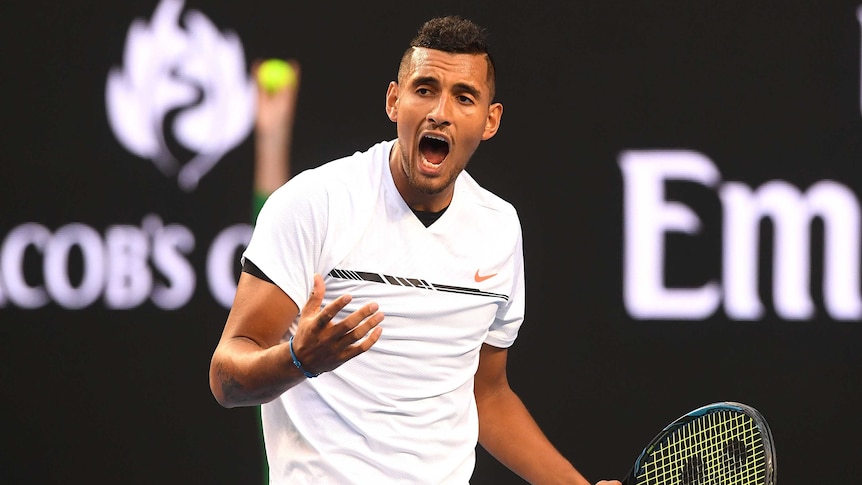 Nick Kyrgios lets out a yelp against Andreas Seppi
