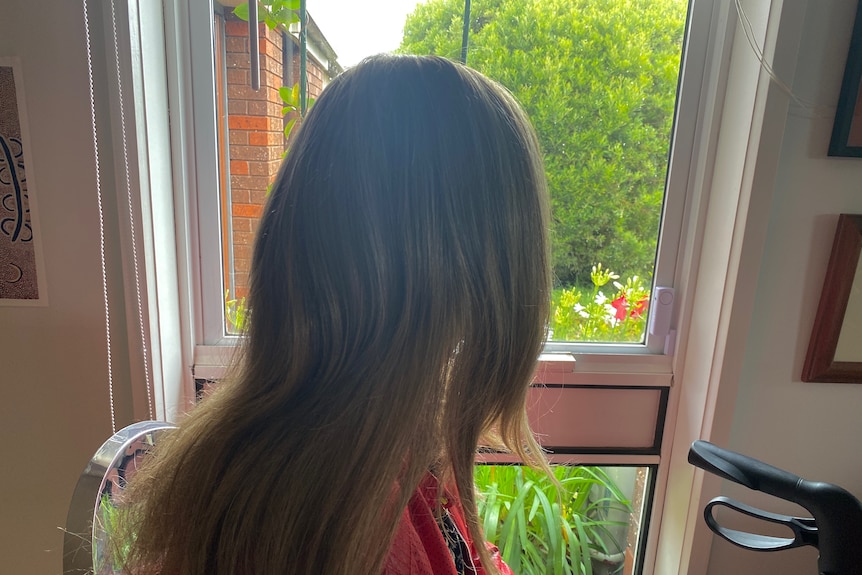 The back of a woman's head, who looks out a window into a garden.