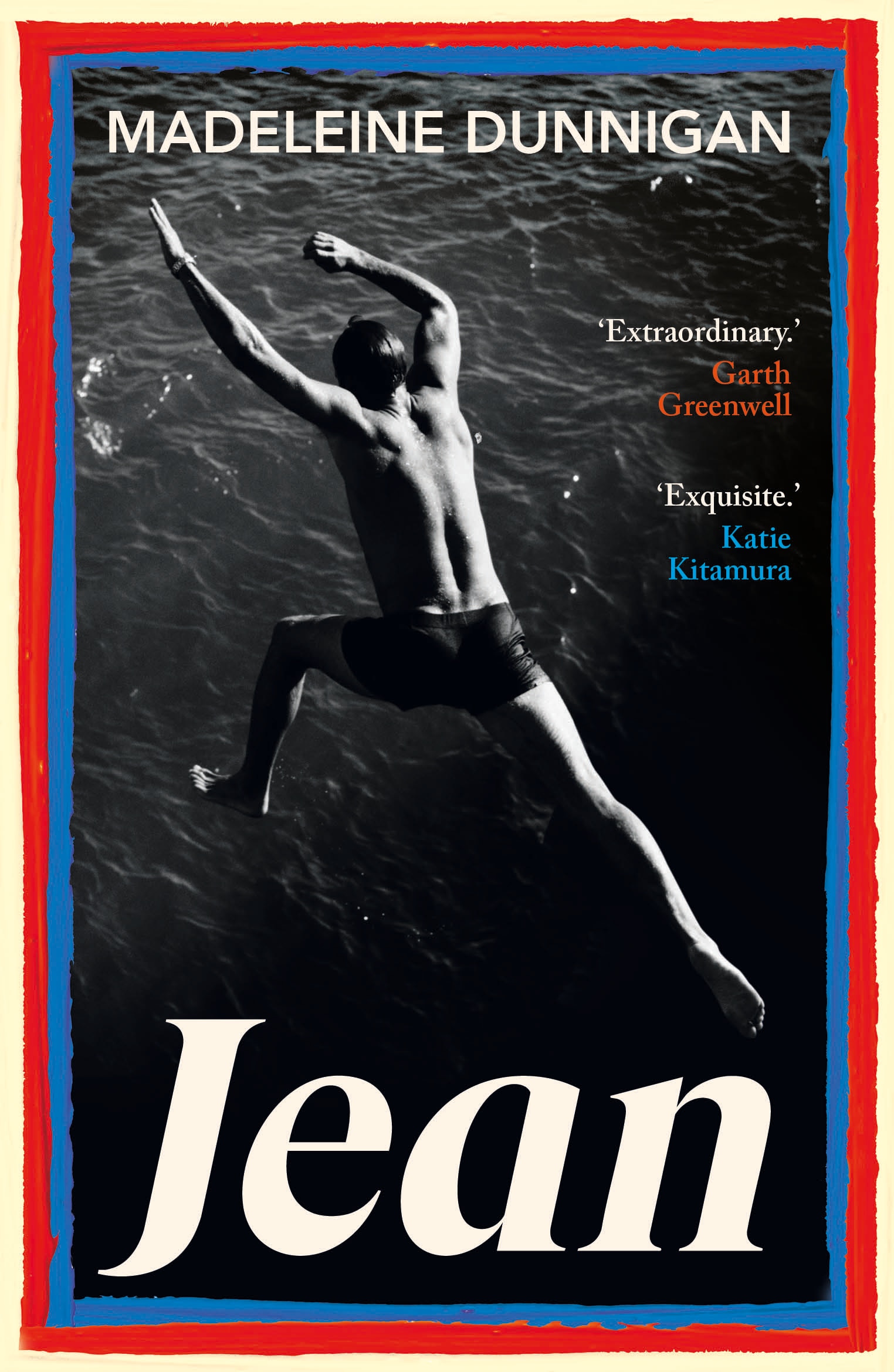 Cover of Jean by Madeleine Dunnigan, showing a black-and-white photo of a young man jumping into water.