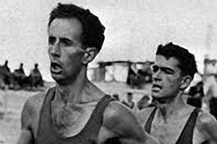 Black and white close up photograph of John Landy and Ron Clarke competing in the 1956 Olympic Games in Melbourne