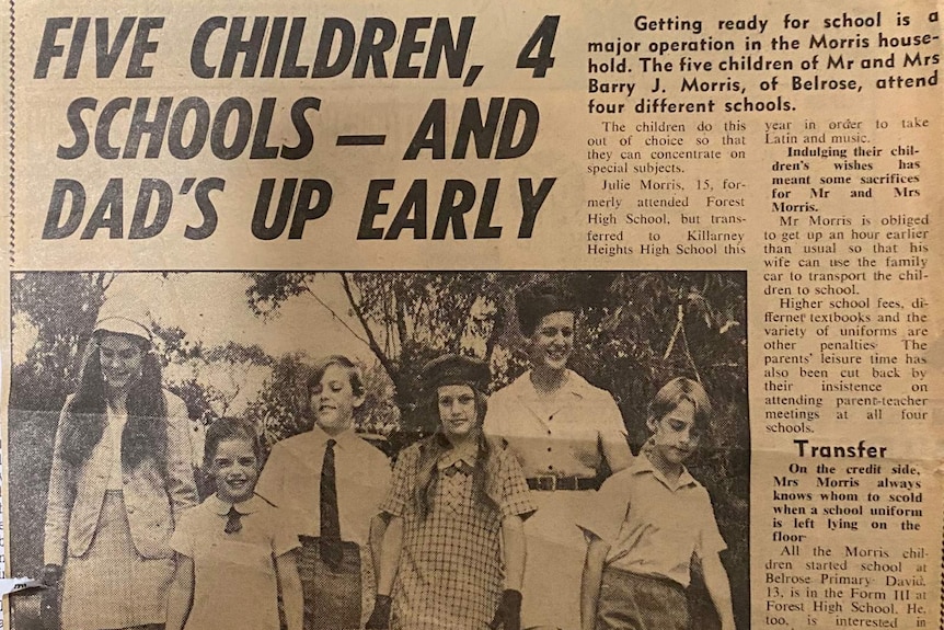 Newspaper clipping with headline 'Five children, 4 schools - and dad's up early.'