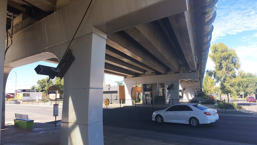 Temporary supports under overpass.