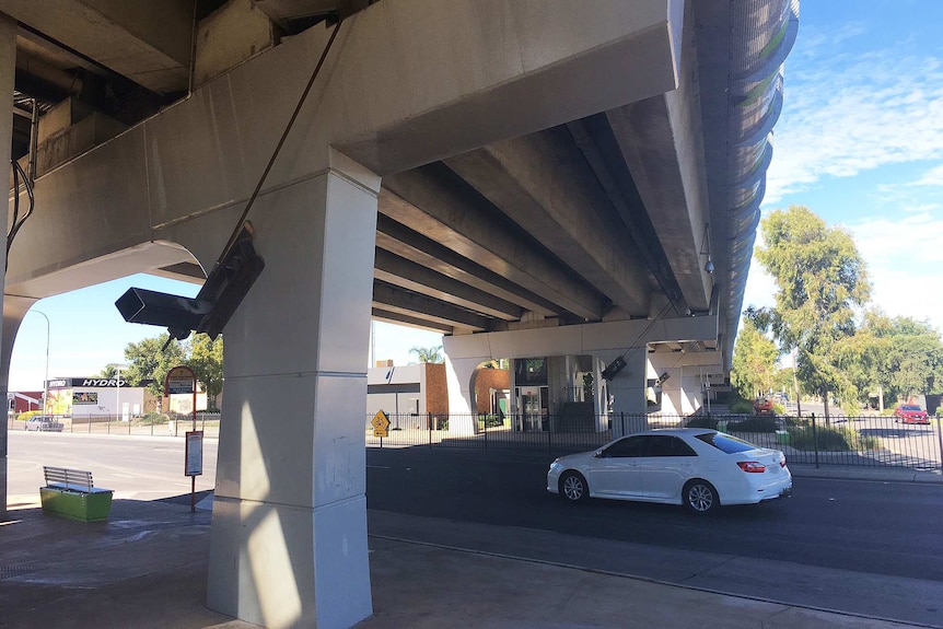 Temporary supports in place beneath the tram overpass