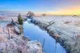 a small creek surrounded by frosty grass
