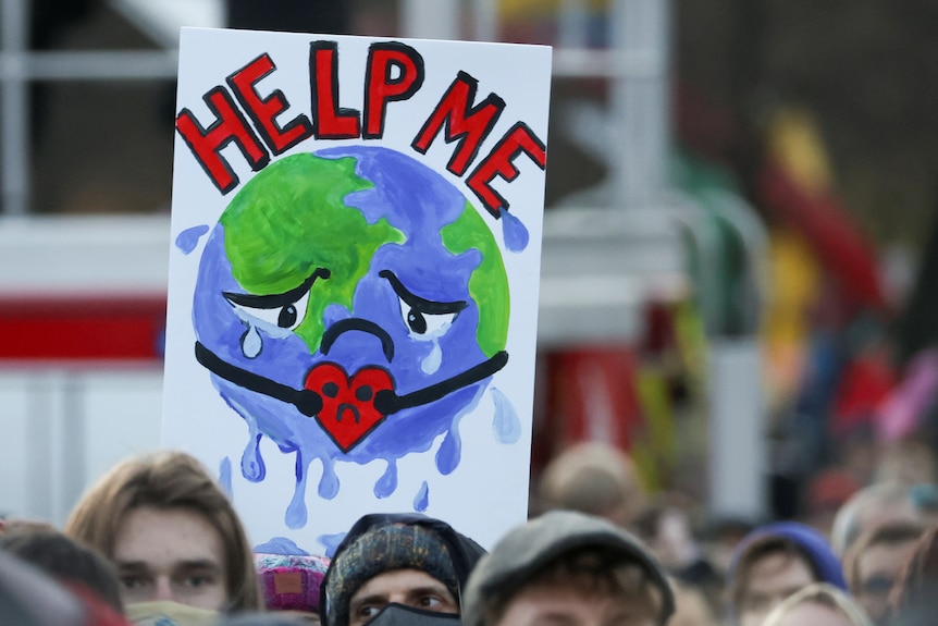 A protester carries a placard depicting the earth and the words 'help me'