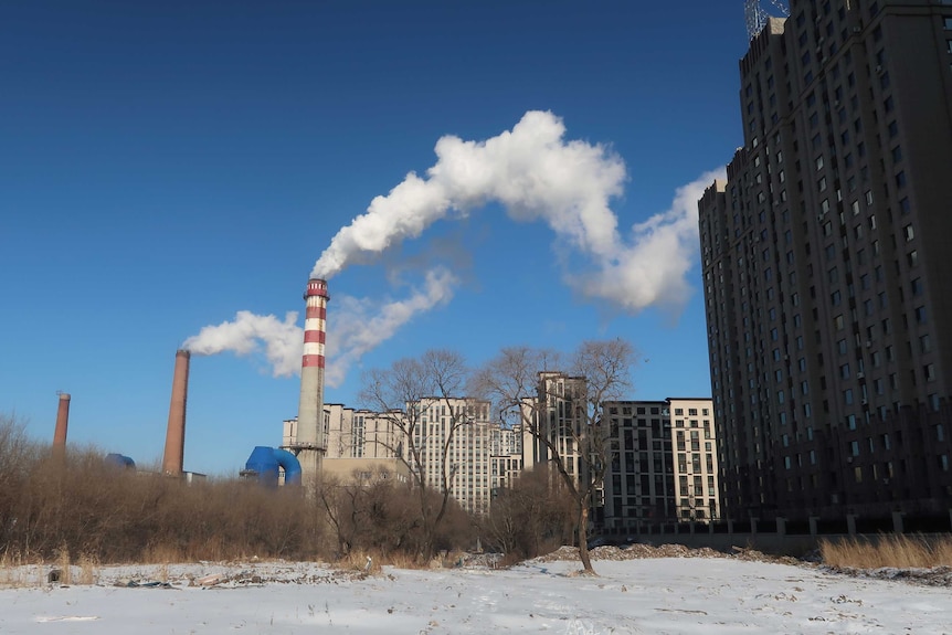 On a blue day, you view a snow-covered empty plot of land between high-rises with a chimney in the distance spewing white smoke.