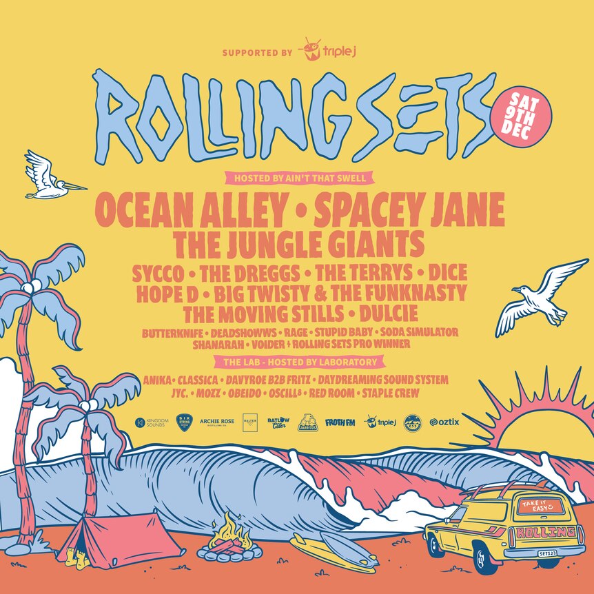 Yellow tour poster for Rolling Sets 2023 featuring a cartoon surf break and beach.