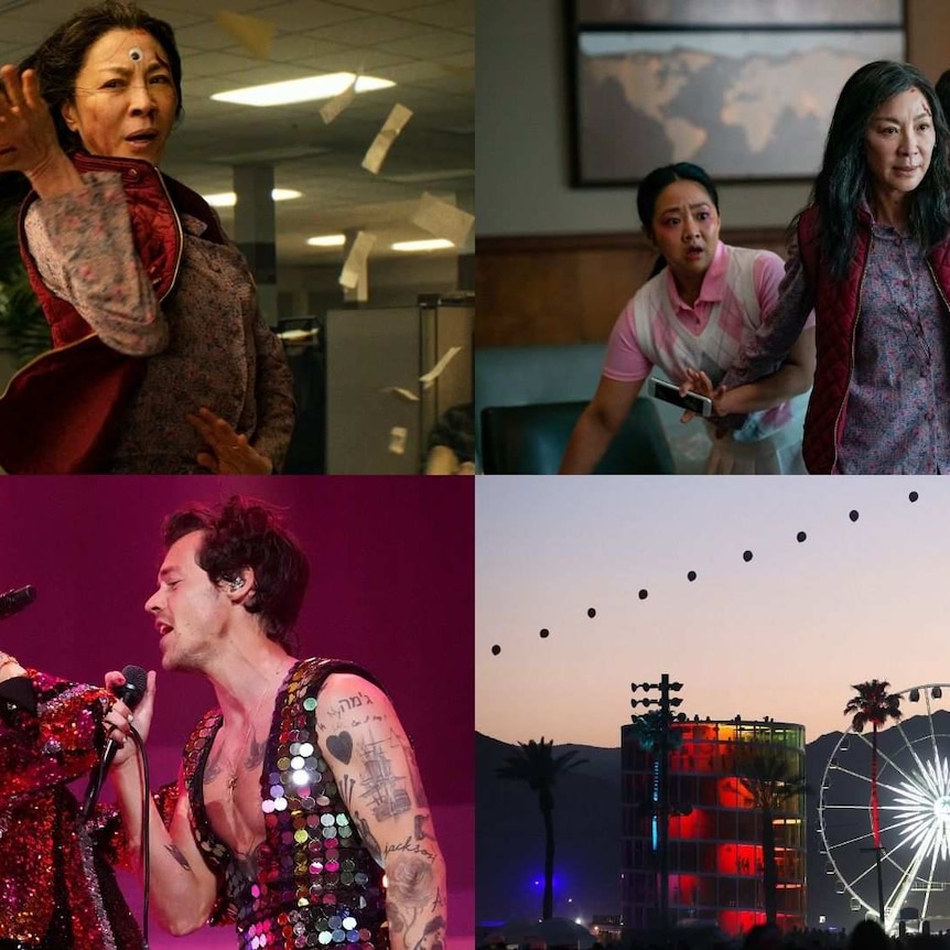 4 images Michelle Yeoh fights, Harry Styles and Shania Twain sing on stage, a ferris wheel at Coachella
