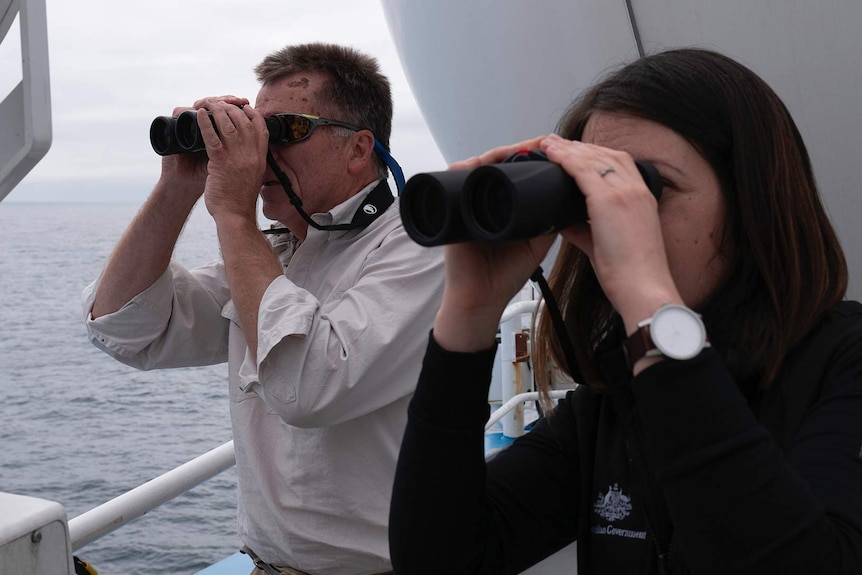 Dr Eric Woehler and Cassie Layton looking through binoculars.