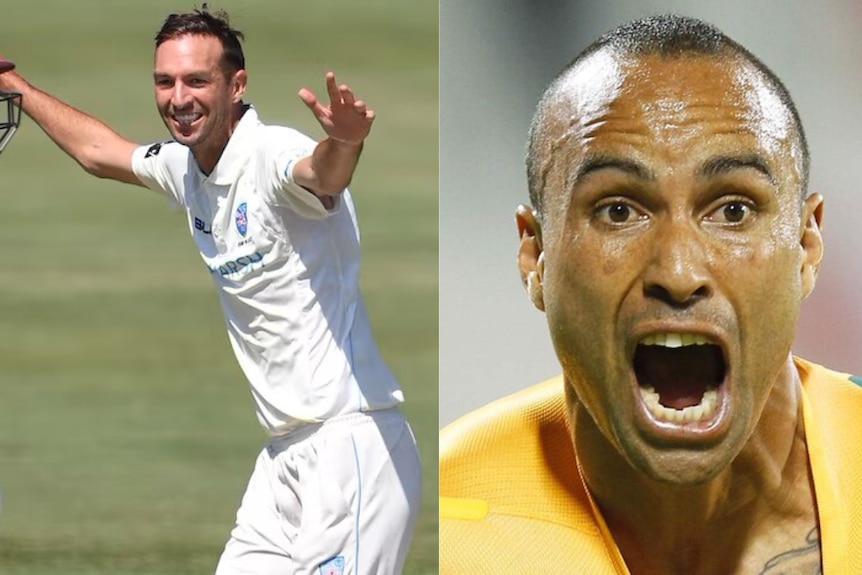a cricketer with his hands in the air and a football player yelling pictured side by side