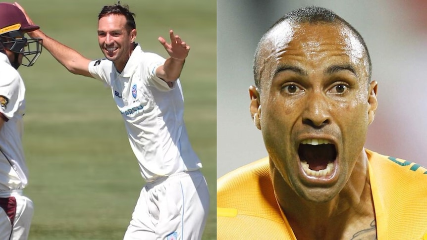 A composite of a smiling cricketer with his hands in the air and a football player yelling pictured.
