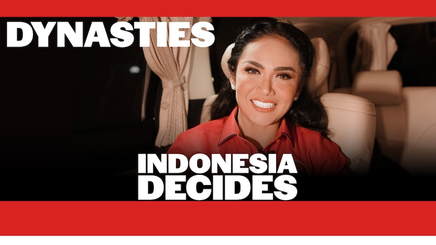 Woman smiling at camera with the words "Dynasties" and "Indonesia decides" floating above