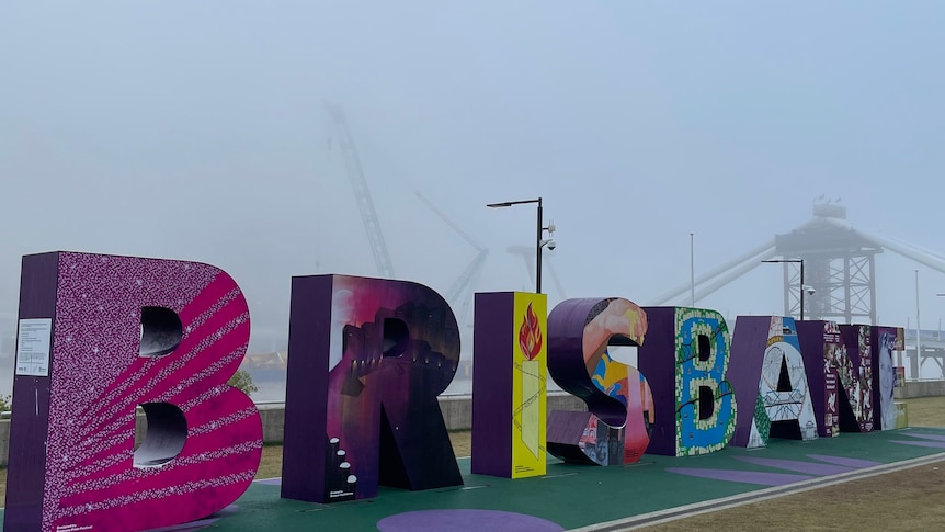 The Brisbane sign at South Bank with fog behind it