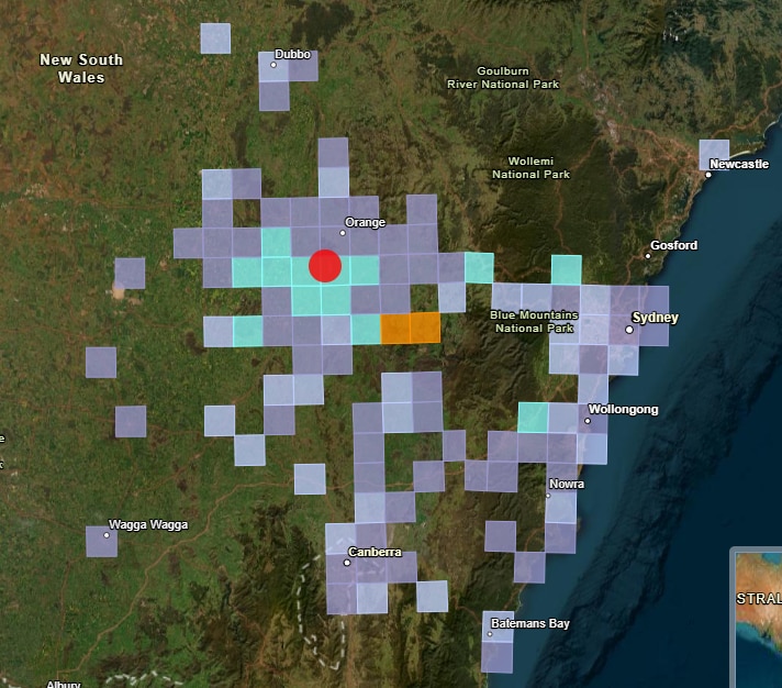 map of nsw with blocks showing earthquake