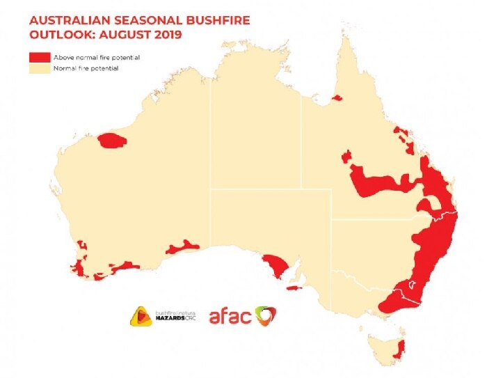 Map of Australia showing areas above normal fire potential