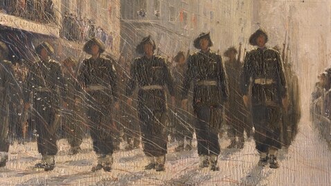 Painting by war artist Alan Moore of Victory contingent marching through Melbourne. 1946.