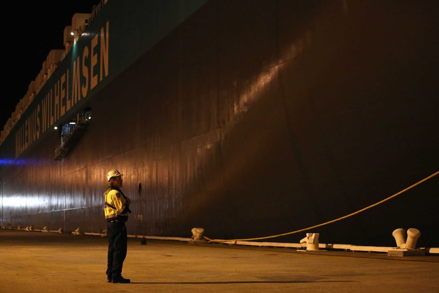 A worker on a dock looks at a large container ship at night.